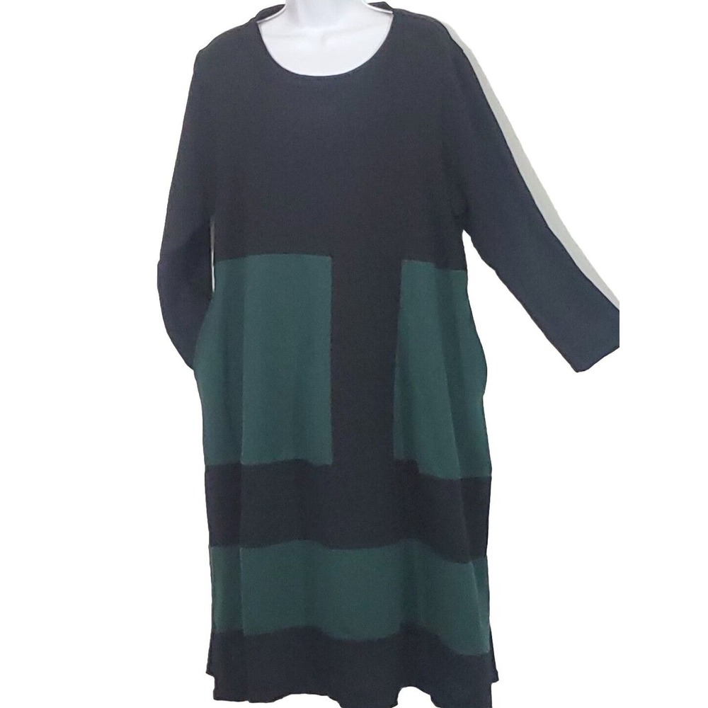 Made In Italy Large Baggy Green Black Colorblock Pockets Long Sleeve Midi Dress